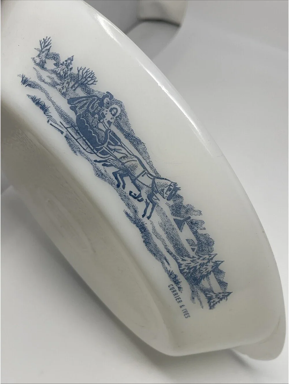 Vintage Glasbake Currier Ives Oval Glass J-2352 Divided Casserole Horse Sleigh